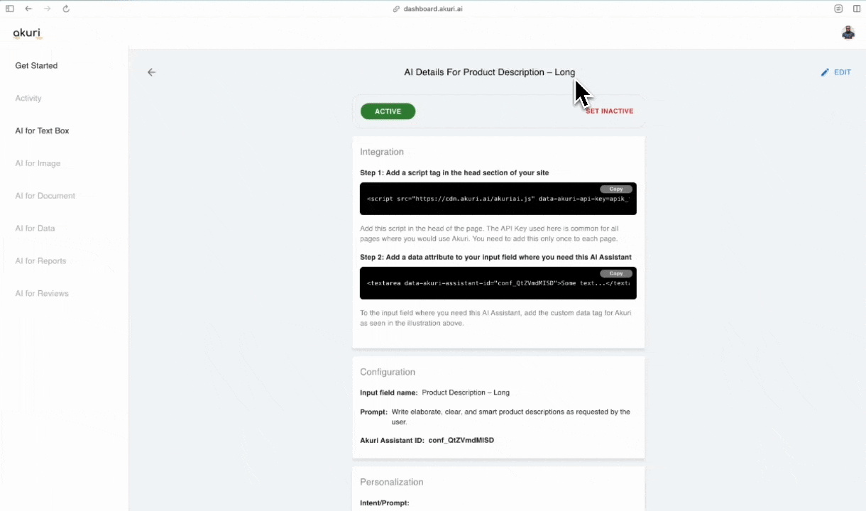 A GIF showing the Akuri dashbaord with 2 lines of code to integrate.
